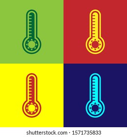 Color Meteorology thermometer measuring heat and cold icon isolated on color background. Thermometer equipment showing hot or cold weather.  Vector Illustration