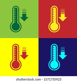 Color Meteorology thermometer measuring heat and cold icon isolated on color background. Thermometer equipment showing hot or cold weather.  Vector Illustration