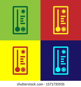 Color Meteorology thermometer measuring heat and cold icon isolated on color background. Thermometer equipment showing hot or cold weather.  Vector Illustration