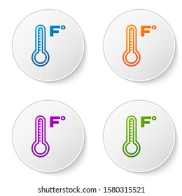 Color Meteorology thermometer measuring heat and cold icon isolated on white background. Temperature Fahrenheit. Set icons in circle buttons. Vector Illustration