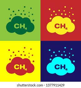Color Methane emissions reduction icon isolated on color backgrounds. CH4 molecule model and chemical formula. Marsh gas. Natural gas. Flat design. Vector Illustration