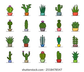 Color Mexican cactus succulent line icons. Vector set of potted desert home cacti plants. Colorful spiky houseplants like barrel and prickly pear cactus, sansevieria snake plant, saguaro and aloe vera