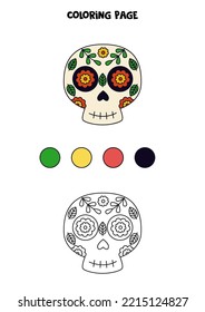 Calavera mexicana a color por números. Página de colorear para niños. 