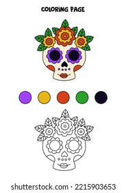 Calavera de color mexicana. Página de colorear para niños. 