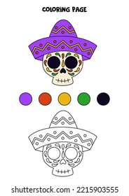 Color Mexican skull in hat. Coloring page for kids. 