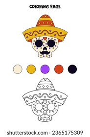 Color mexican skull in hat. Coloring page for kids. 