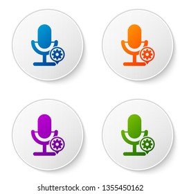 Color Microphone and gear icon isolated on white background. Adjusting app, service concept, setting options, maintenance, repair, fixing. Set icons in circle buttons. Vector Illustration