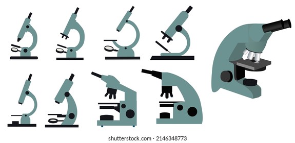 Color microscope flat icon set. Vector illustration of laboratory equipment on a white background. Vector set of microscope silhouette icons.