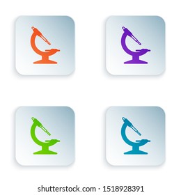 Color Microscope icon isolated on white background. Chemistry, pharmaceutical instrument, microbiology magnifying tool. Set icons in colorful square buttons. Vector Illustration