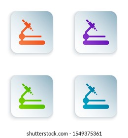 Color Microscope icon isolated on white background. Chemistry, pharmaceutical instrument, microbiology magnifying tool. Set icons in colorful square buttons. Vector Illustration