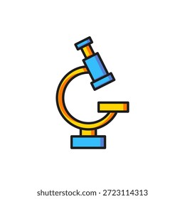 Ícone do Microscópio de Cor isolado no plano de fundo branco. Química, instrumento farmacêutico, ferramenta de ampliação microbiológica. Estilo de contorno preenchido plano com sombra. Vetor