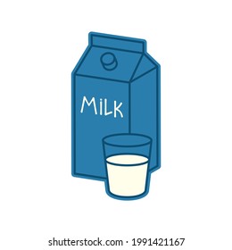 Color milk, line icon isolated on background. Colorful blue Paper packaging box, glassful with milky drink. Doodle flat style. Vector illustration.