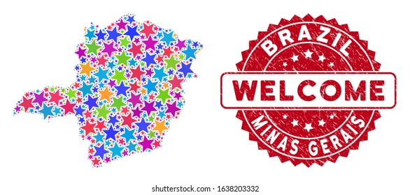 Color Minas Gerais State map collage of stars, and distress round red WELCOME stamp seal. Abstract territory plan in bright color tints. Vector Minas Gerais State map is designed of bright stars.