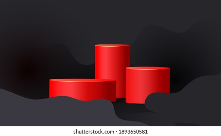 Color minimal scene with black wave liquide shapes and red empty podiums, pedestals or platforms. Holiday banner, web poster, flyer, color brochure