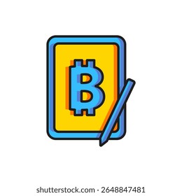 Bitcoin de mineração de cor do ícone gráfico da mesa digitalizadora isolado no fundo branco. Mineração criptomoeda, serviço de tecnologia blockchain. Estilo de contorno preenchido plano com sombra. Vetor