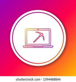 Color Mining concept with laptop and pickaxe line icon isolated on color background. Blockchain technology, cryptocurrency mining, digital money market. Circle white button. Vector Illustration
