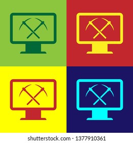 Color Mining concept with monitor and pickaxe icon isolated on color backgrounds. Blockchain technology, cryptocurrency mining, digital money market. Vector Illustration