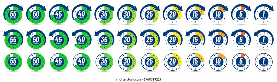 Color minutes icon. Timer, 1 minute ago and 5-55 minutes label dial with arrow. Set time vector icons set. Timer stopwatch, minute countdown measurement, vector illustration