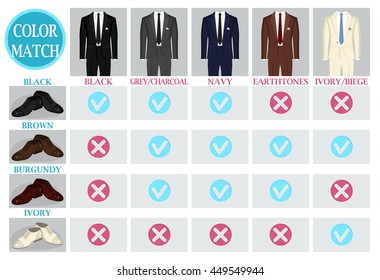 Color mix and match guide for men suit and shoes. Suitable and appropriate color match variations for various events, formal, business, casual and other.