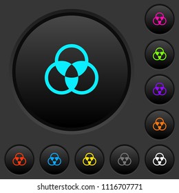 Color mixing dark push buttons with vivid color icons on dark grey background