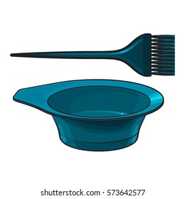 Color mixing plastic hairdresser brush, hairbrush and bowl, sketch style vector illustration isolated on white background. Hairbrush and bowl for hair bleaching and coloring