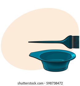 Color mixing plastic hairdresser brush, hairbrush and bowl, sketch style vector illustration with place for text. Hairbrush and bowl for hair bleaching and coloring