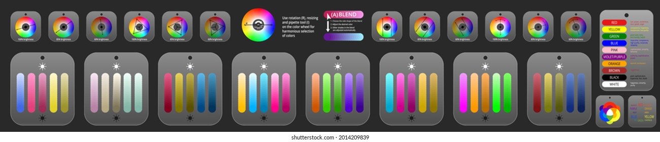 Color mixing wheels meanings properties tones combinations with explanations and circle schemes and color palettes set infographic poster vector illustration