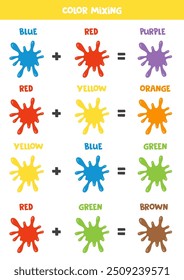 Color mixing worksheet for children. Color scheme with colorful paint splashes.