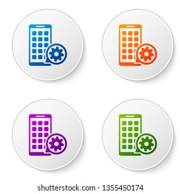 Color Mobile Apps and gear icon isolated on white background. Adjusting app, service concept, setting options, maintenance, repair, fixing. Set icons in circle buttons. Vector Illustration