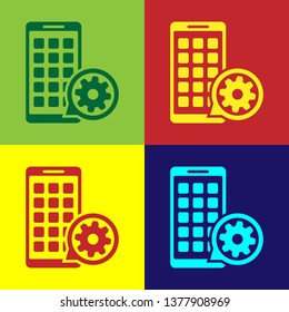 Color Mobile Apps and gear icon isolated on color backgrounds. Adjusting app, service concept, setting options, maintenance, repair, fixing. Vector Illustration