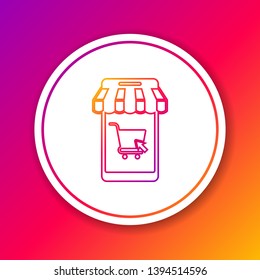 Color Mobile phone and shopping cart with striped awning line icon isolated on color background. Online buying symbol. Supermarket basket symbol. Circle white button. Vector Illustration