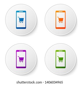 Color Mobile phone and shopping cart icon isolated on white background. Online buying symbol. Supermarket basket symbol. Set icons in circle buttons. Vector Illustration