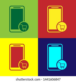 Color Mobile phone and shopping cart icon isolated on color backgrounds. Online buying symbol. Supermarket basket symbol. Vector Illustration