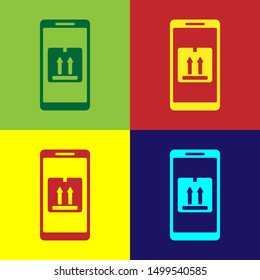 Color Mobile smart phone with app delivery tracking icon isolated on color background. Parcel tracking.  Vector Illustration