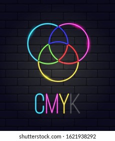 Color model - CMYK. Seamless dark brick wall. Neon. Sign. Vector.