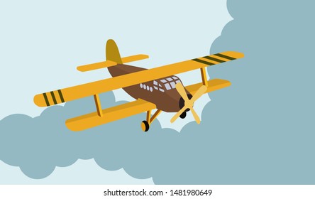 Color model of an old plane flying in the sky through the clouds. Vector illustration. EPS10
