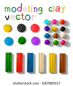 Color modeling clay bricks and balls set isolated on a white background. 3d Vector illustration. Creative putty-like material for children's play