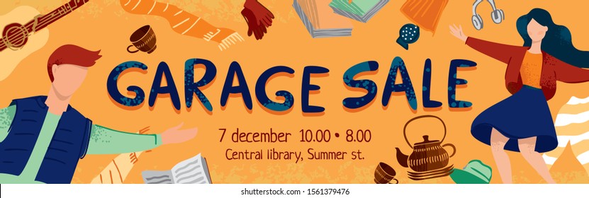 Color modern banner or poster template for garage sale  with man and woman. Concept of an eco-friendly lifestyle, conscious consumption, reuse of goods. Flat cartoon vector illustration for promo.