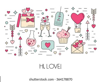 Color modern concept from linear icons for St. Valentine's Day and the wedding day. Flat design. Vector illustration