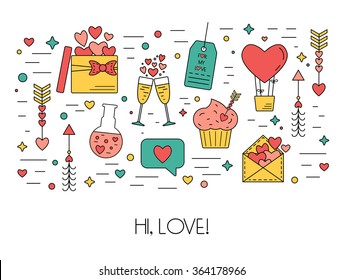 Color modern concept from linear icons for Valentine's Day and the wedding day. Flat design. Vector illustration