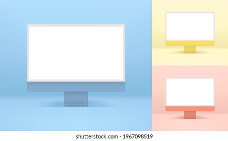 Ordenadores personales de escritorio modernos en color con pantalla en blanco

