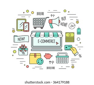 Color modern e-commerce web design concept. Line icons for website,landing page, infographics. Flat design. Vector illustration