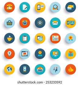 Color modern icons on buttons. Flat design icons for web design development, SEO and internet marketing.