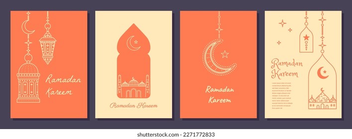 Color Modern Style Ramadan Mubarak Greeting Cards Set Thin Line for Web and App Design. Vector illustration