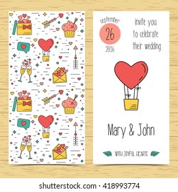 Color modern wedding invitation card with line icons. Flat design. Vector illustration