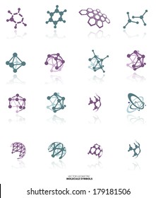 Color molecule icons set  with shadow, isolated on white background, vector Illustration
