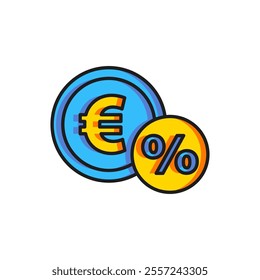 Color Money coin with percent icon isolated on white background. Cash Banking currency sign. Flat filled outline style with shadow. Vector