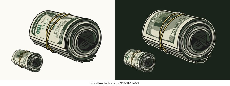 Color money roll with front and reverse side of 100 dollar bills. Cash money. Vintage style. Detailed isolated vector illustration on dark and white background. Perspective right view