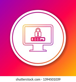 Color Monitor with password notification and lock line icon isolated on color background. Concept of security, personal access, user authorization, login form. Circle white button. Vector Illustration