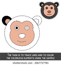 Color Monkey Face. Restore dashed lines. Color the picture elements. Page to be color fragments.